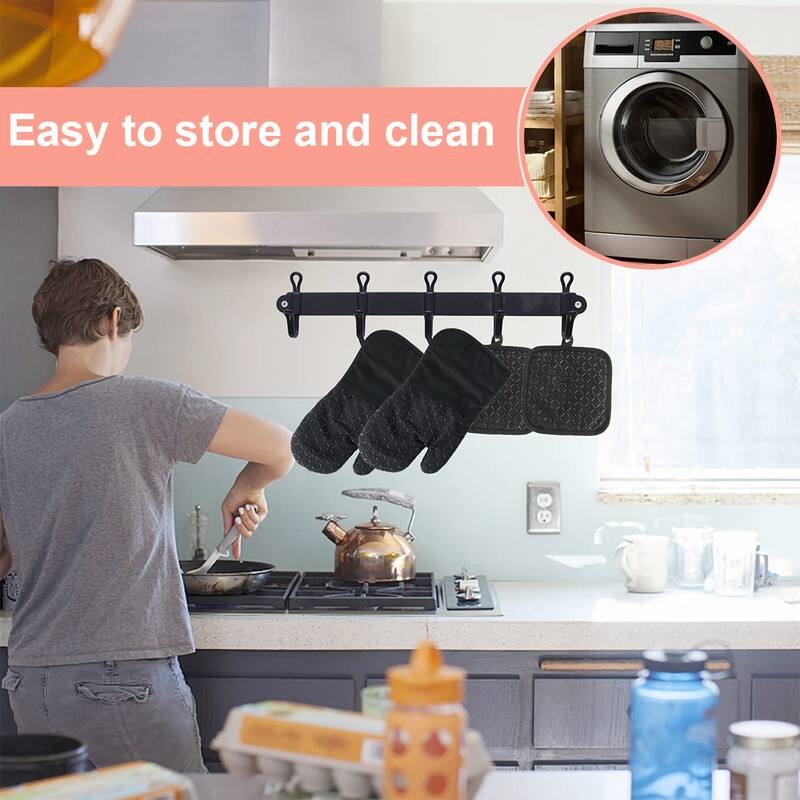 Heat Resistant Oven Mitts & Pan Rack Set BBQ Grill Gloves for Cooking, Baking - N/A