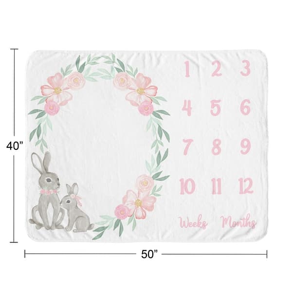 Woodland Bunny Girl Baby Monthly Milestone Blanket - Blush Pink Mint Green and Grey Boho Floral Watercolor Rose Flower Forest