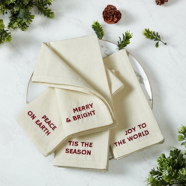 slide 2 of 16, Joyful Sentiment Christmas/Holiday Embroidered Napkins, Set of 4 - 17x17 Ivory