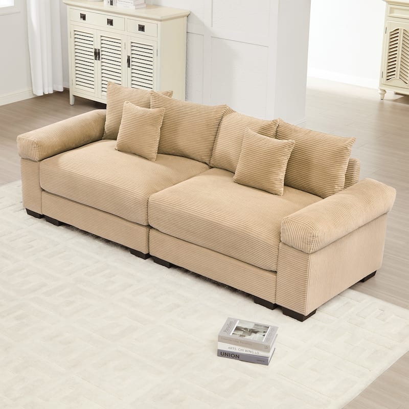 92" Oversized Corduroy Couch for Living Room, Upholstered Loveseat Sofa with Wide Armrests and Throw Pillows for Apartment - Camel