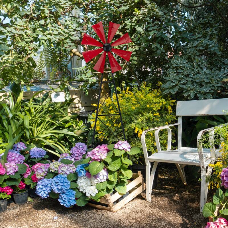 Glitzhome 44"H Glossy Painted Metal Yellow//Blue/Orange/Red Flower Wind Spinner Yard Stake