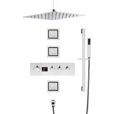 16" Rainfall 3 Way Thermostatic Shower Faucet Set w/ Body Jets, Slide Bar - Chrome