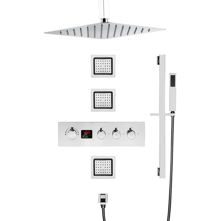 16" Rainfall 3 Way Thermostatic Shower Faucet Set w/ Body Jets, Slide Bar - Chrome