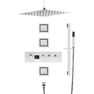 16" Rainfall 3 Way Thermostatic Shower Faucet Set w/ Body Jets, Slide Bar - Chrome
