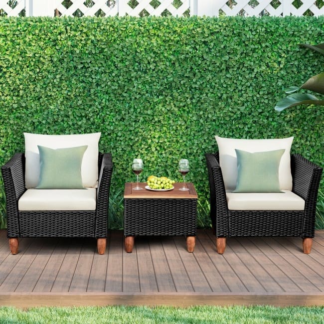 3 Pcs Outdoor Patio Rattan Furniture Set Wooden Table Top Cushioned Sofa - 29" x 27" x 28" (L x W x H)