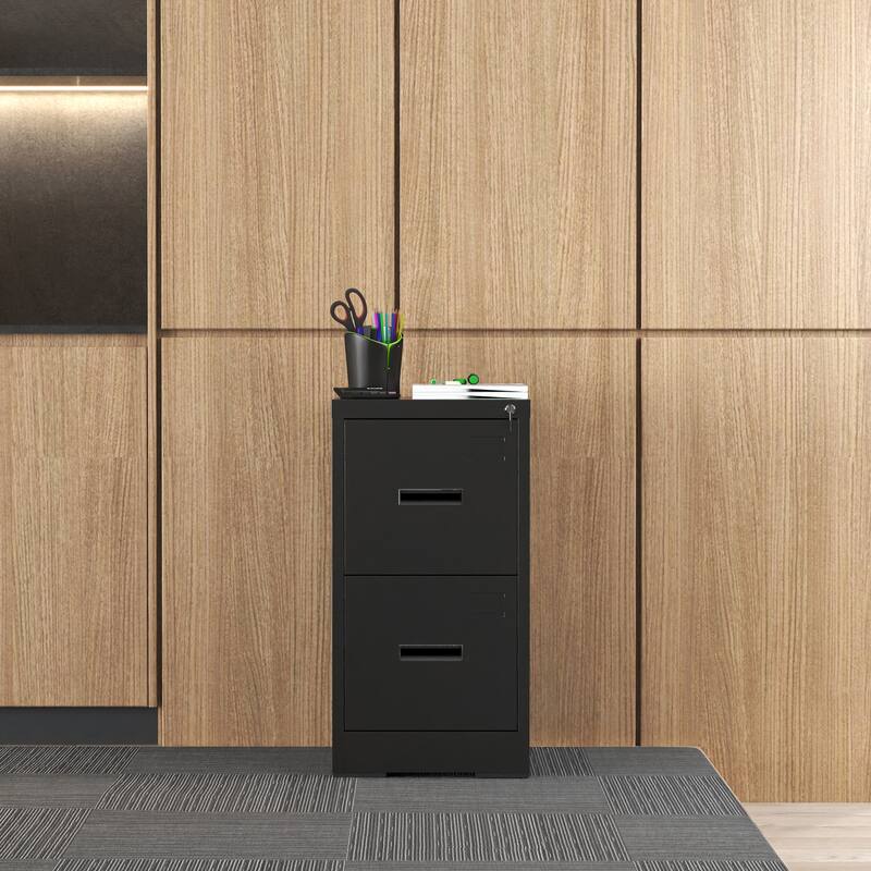 Modern Narrow Vertical Filing Cabinet with 2 Drawers Anti-Tilt Device, Locks and Card Slots, for Home Office