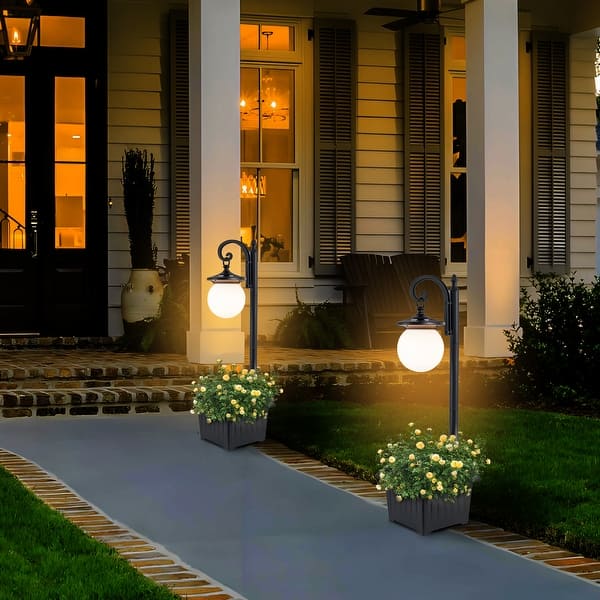 Solar Lamp Post Light With Planter – Matte Black, Crackle Glass, 2-in-1, Waterproof, Dusk-to-Dawn, For Porch, Patio, Garden (3000K Warm White)