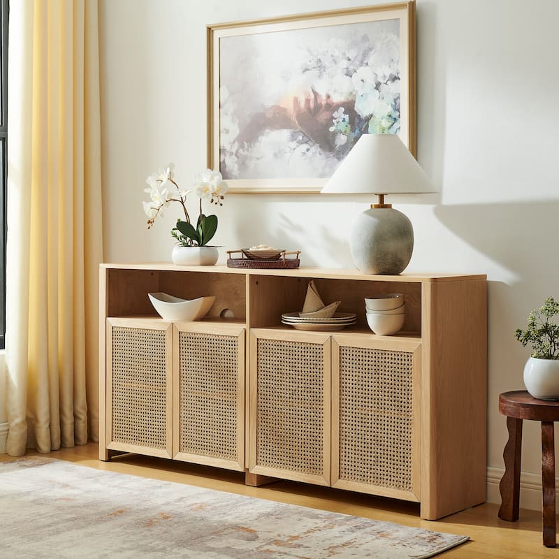 63" Mid Century Modern Rattan Sideboard Buffet Cabinet with Storage - Natural