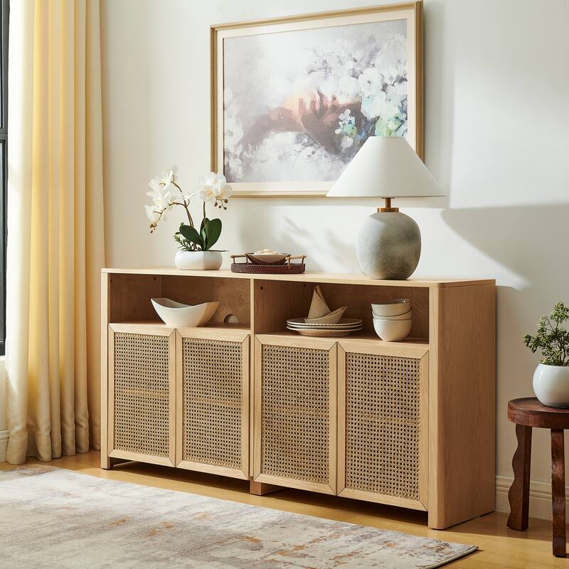 Roomfitters Rattan Sideboard Buffet Cabinet, Mid Century Modern Storage Credenza, Large Media Console Table - Natural