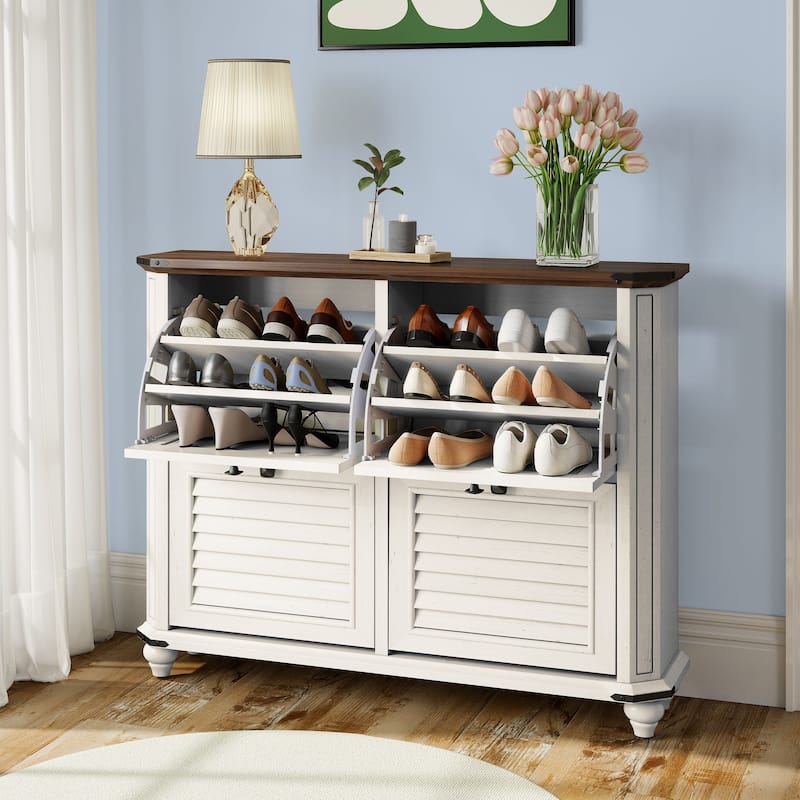 Moasis Farmhouse 4 Flip Drawers Shoe Storage Cabinet with Adjustable Shelves