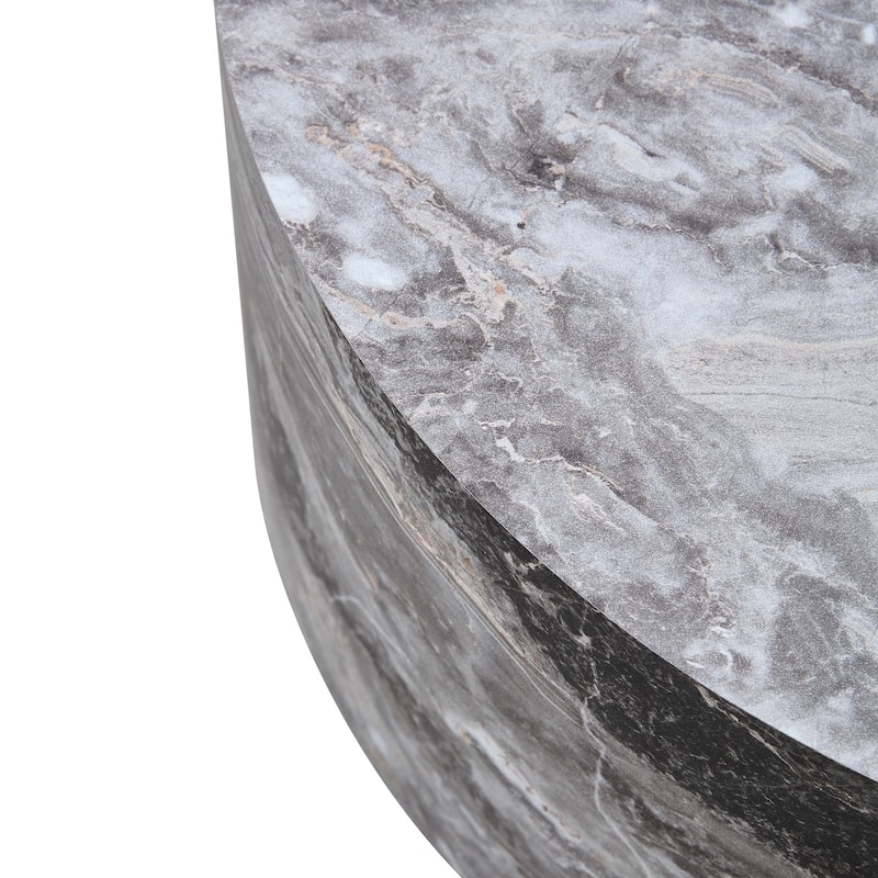 Round Faux Marble Coffee Table, Modern Drum Center Table Wood End Table for Living Room, Apartment, Office