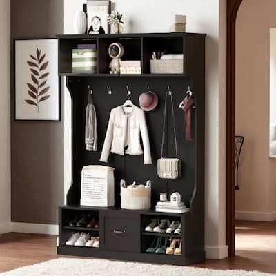 57 in Hall Tree with 6 Hooks, Entryway Bench, 3-in-1 Coat Rack with Drawer, Adjustable Shoe Shelves, 85 in H