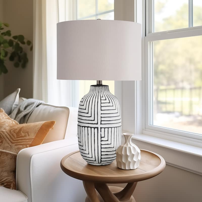 Sagebrook Home Modern Textured 26" White Ceramic Tribal Table Lamp With Linen Shade - 15" x 15" x 26" - 15" x 15" x 26" - Tribal Ivory Contrast