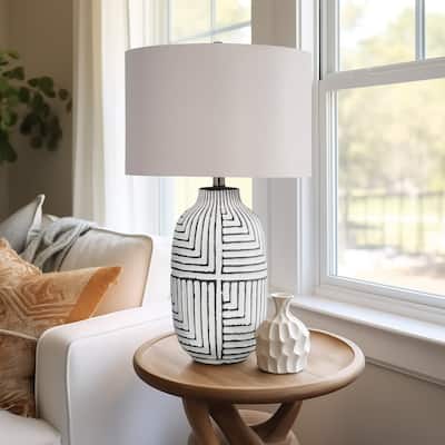 Sagebrook Home Modern Textured 26" White Ceramic Tribal Table Lamp With Linen Shade - 15" x 15" x 26"
