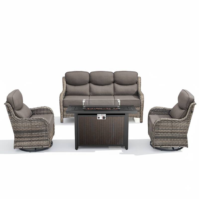 Arcadia 4-Piece PE Wicker Patio Seating Set with Durable All-Iron Fire Pit and 6-Inch Cushions