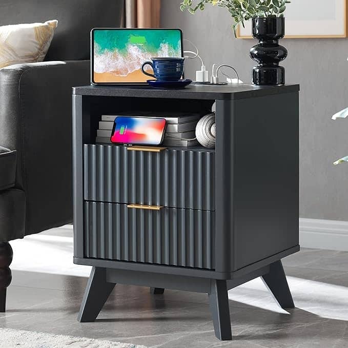 Modern Fluted Nightstand with Faux Marble Top, Side Table, End Table