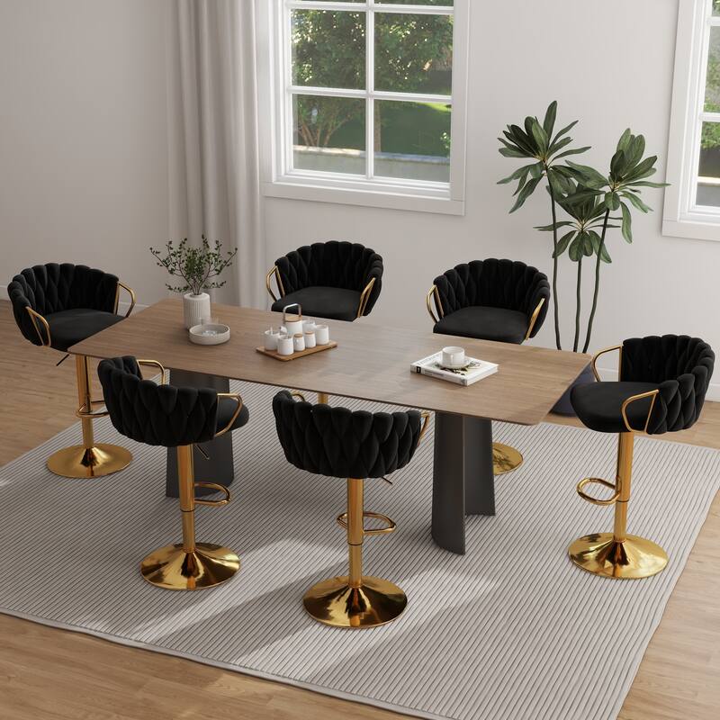 Set of 4 Bar Stool Adjustable Height Swivel Velvet Woven