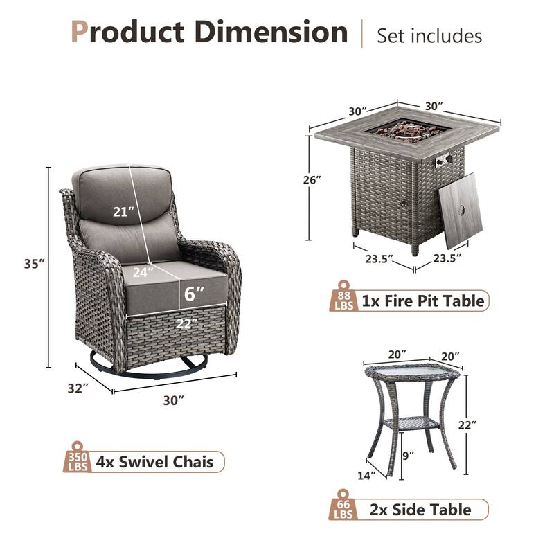 Pocassy Outdoor 6" Swivel Chairs with Fire Pit Table