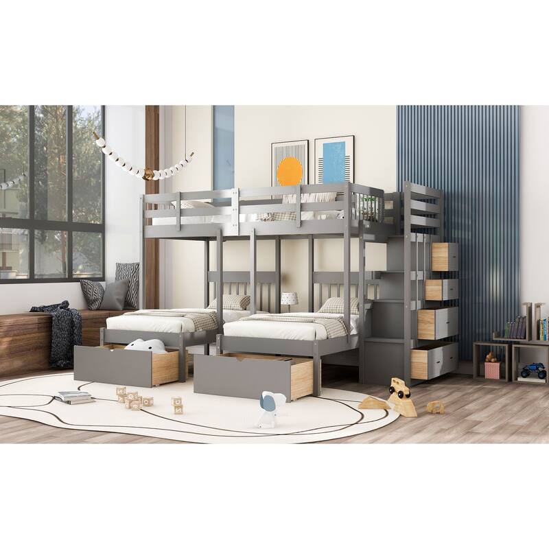 Space-Saving Full Over Twin & Twin Bunk Bed with Drawers and Guardrails, Gray