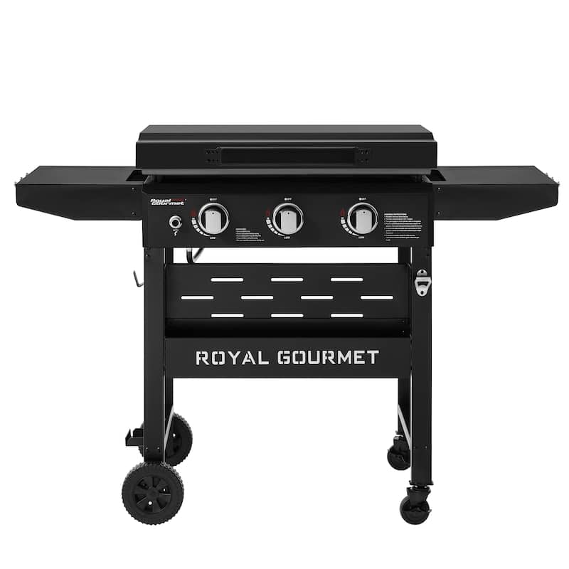 Royal Gourmet GB3000PB 3-Burner Gas Griddle with Hood & Collapsible Side Shelves, 39,000 BTU, 492 Sq. In. Cooking Area - Black - Natural Gas
