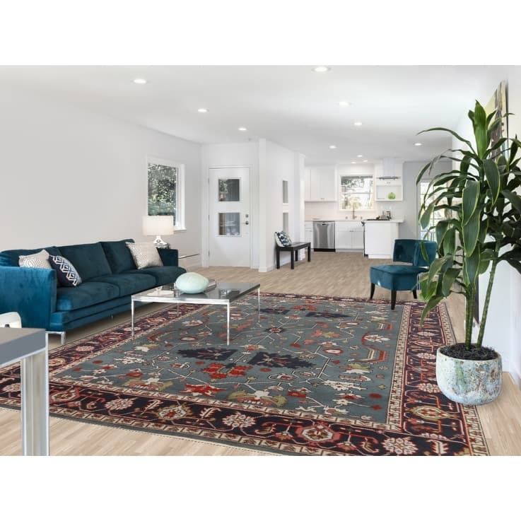 Hand Knotted Oriental 100% Wool Carpet Traditional Geometric Navy Blue & Blues Heriz (serapi) Area Rug - 11' 10'' X 8' 9''