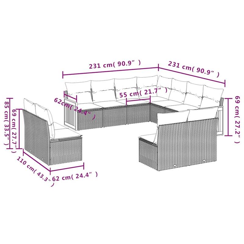 vidaXL 10/11 Piece Patio Sofa Set with Cushions Black/Gray Poly Rattan - 21.7 x 24.4 x 27.2