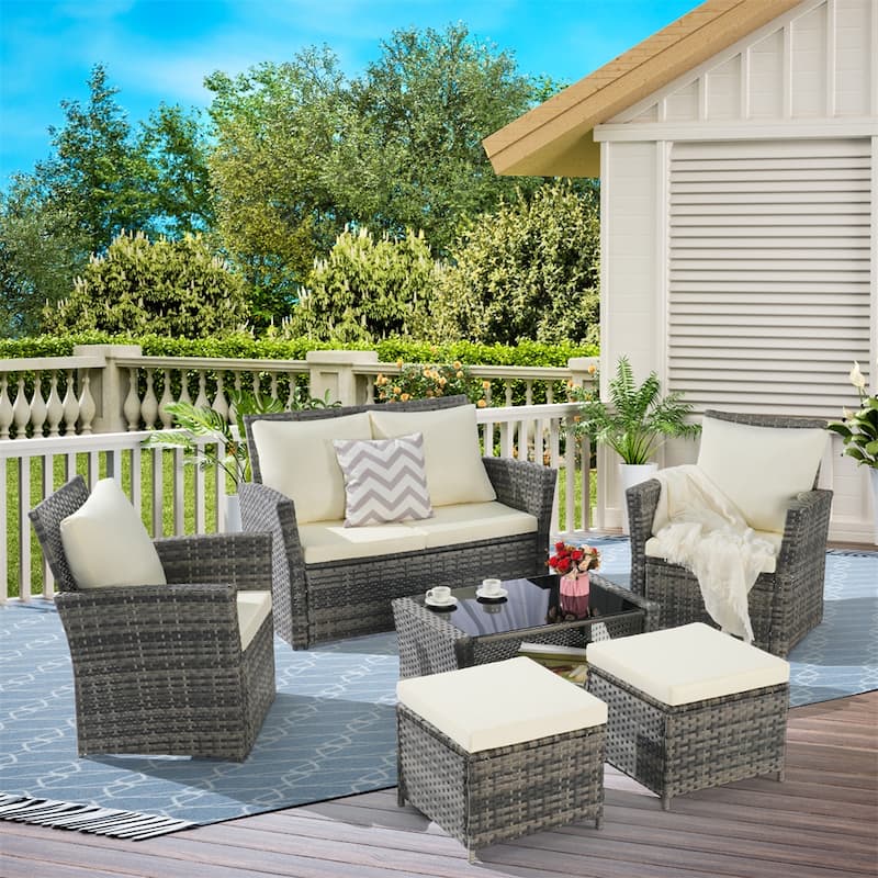 6 PCS Wicker Patio Furniture Sets with Ottoman & Tempered Glass Table - N/A