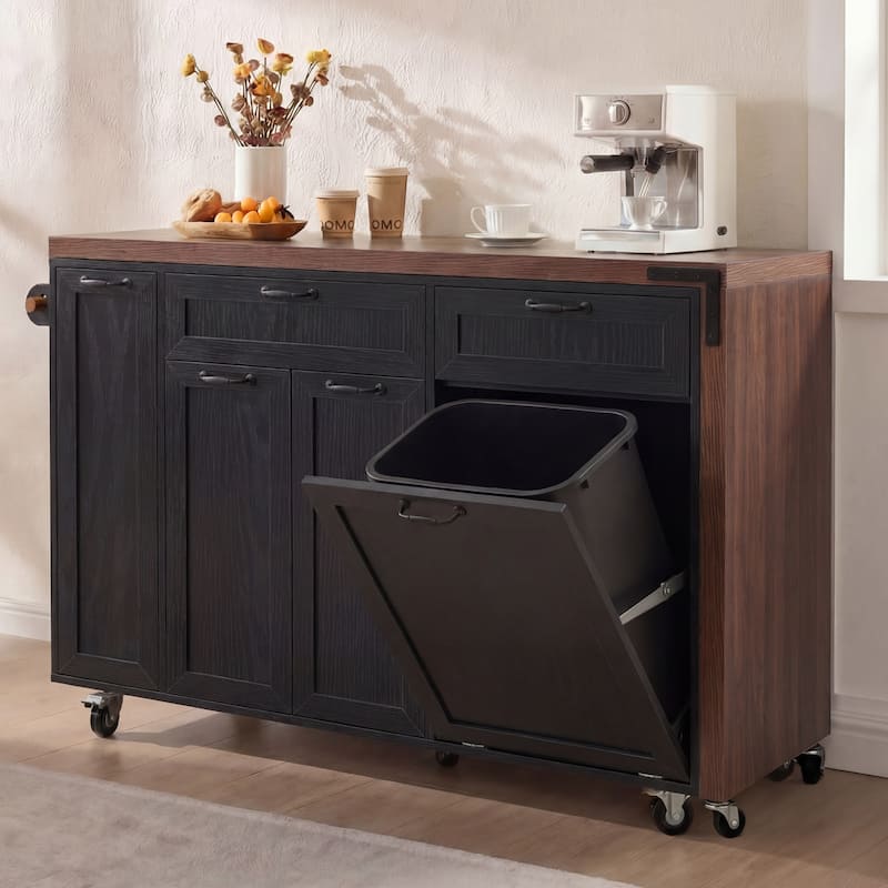 102.3" Kitchen Island with Extendable Dining Table, Trash Storage Cabinet & 3-Tier Pull-Out Spice Rack