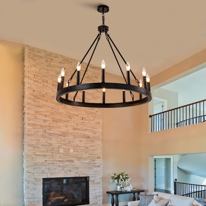 12-Light Wagon Wheel Chandelier, Vintage Ceiling Hanging Pendant Light Fixture