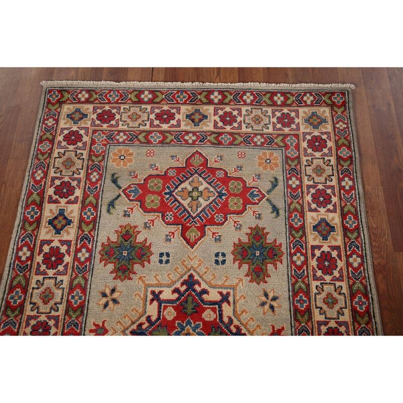 Geometric Kazak Accent Rug Hand-Knotted Foyer Wool Carpet - 3'3" x 5'2"