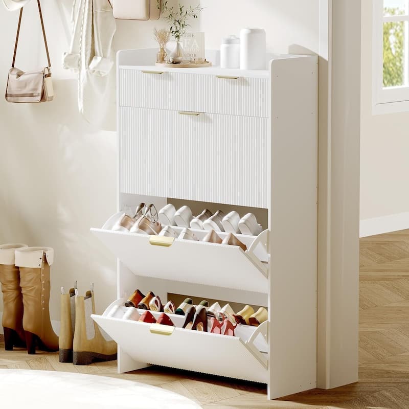 Slim Shoe Cabinet with 3 Flip Drawers & 2 Top Drawers - White