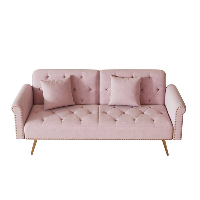 69.7-inch sofa bed with nailhead trim, matching throw pillows