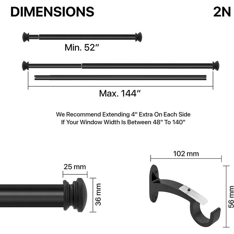 Deco Window 1 Inch Adjustable Curtain Rod for Windows & Doors Curtains with Endcap Round Finials & Brackets Set