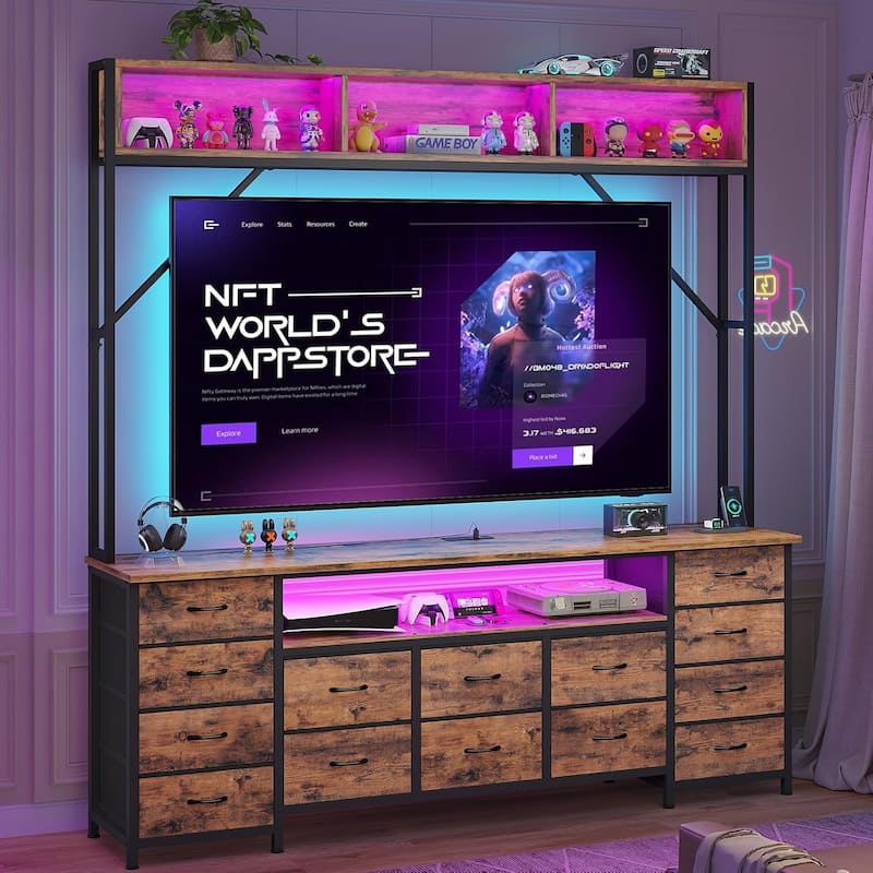 TV Stand for Living Room with LED Lights & Power Outlets TV Stand Dresser - Brown - 12 PU Fabric Drawers
