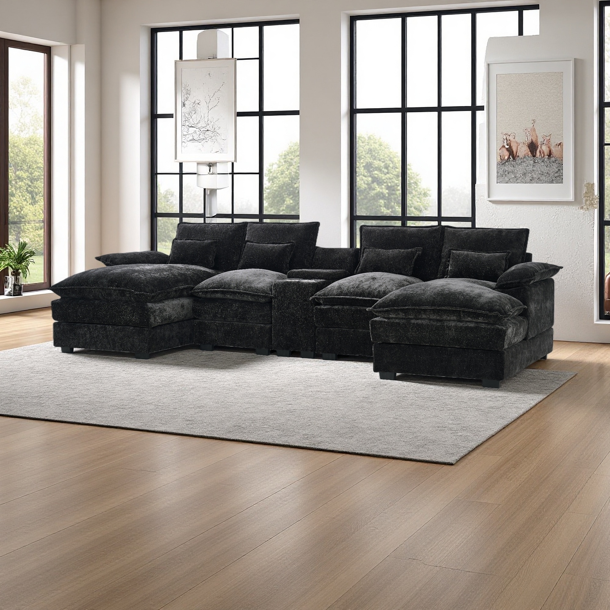 120" Corduroy U-Shaped Sectional Sofa with Center Console Coffee Table and USB Ports (5-Seater)