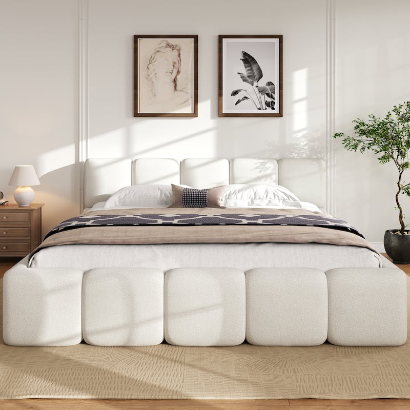 White Block Upholstered Frame Grounded Bed with Boucle Thick Headboard Footboard Platform Bed, Lowprofile Wingback Bed Floor Bed