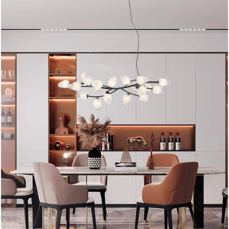 20-Light black iron frame chandelier with white glass shades