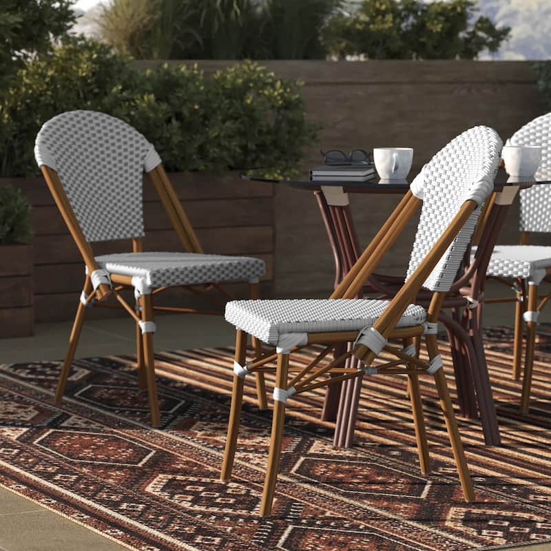 2 Pack All-Weather Commercial Paris Chairs with Bamboo Print Frame - White & Gray/Natural Frame