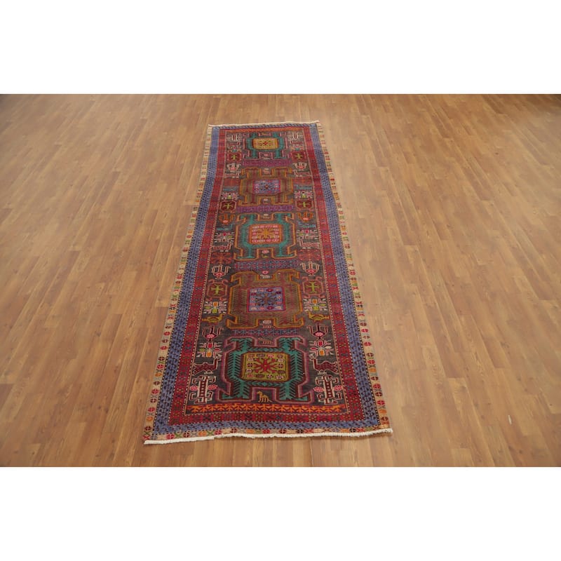Hand Knotted Oriental 100% Wool Carpet Traditional Tribal Multi-Colored Heriz Runner Rug - 10' 2'' X 3' 5''