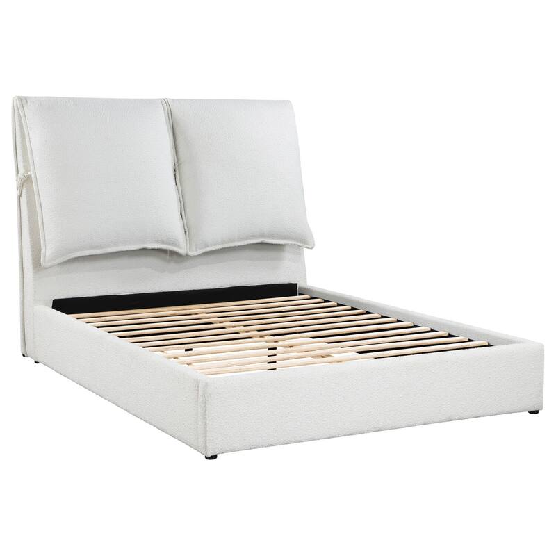 Upholstered Panel Bed - White Queen Size - Plush Fabric Bed Frame - 600lb Capacity