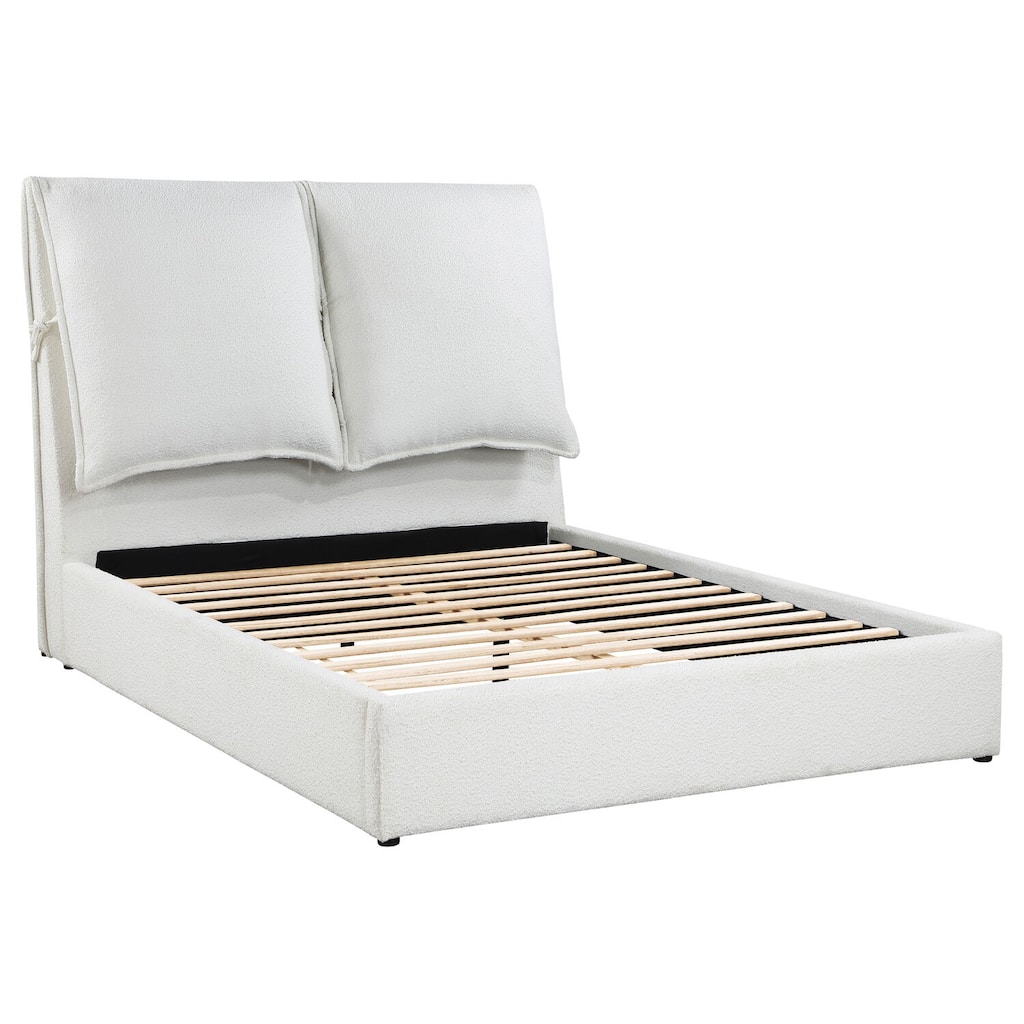 Upholstered Panel Bed - White Queen Size - Plush Fabric Bed Frame - 600lb Capacity