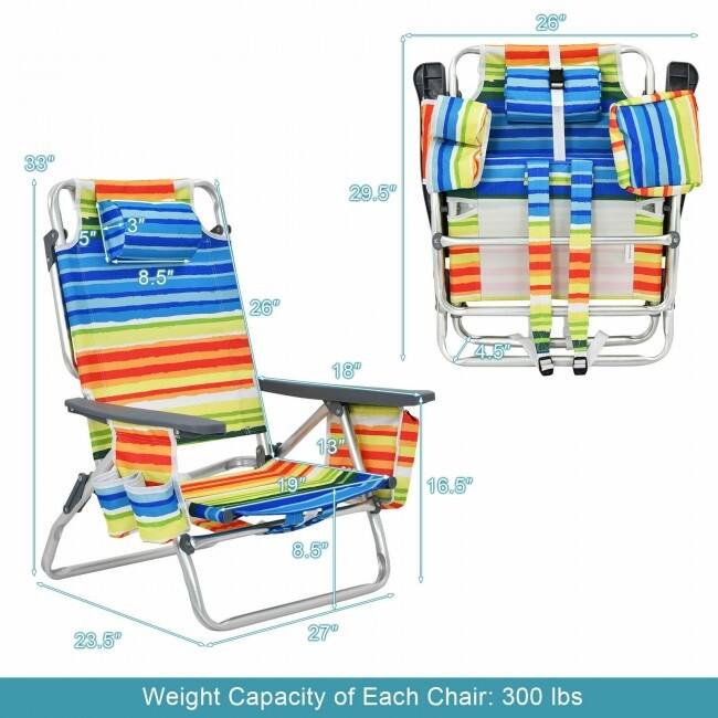 4-Pack 5-Position Outdoor Folding Backpack Beach Reclining Chair with Pillow - 23.5" – 40" x 27" x 33" – 11" (L x W x H)