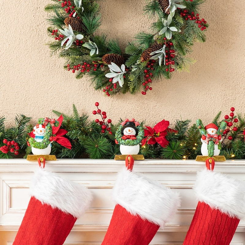Glitzhome Resin Santa Snowman Penguin Gnomes with JOY Christmas Stocking Holders Mantel Ornament(Set of 3)