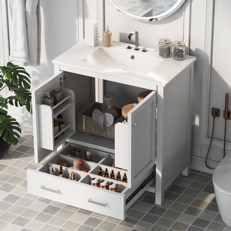 30 Inch MDF Freestanding Bathroom Vanity with Ceramic Basin and Drawers - 30 inch