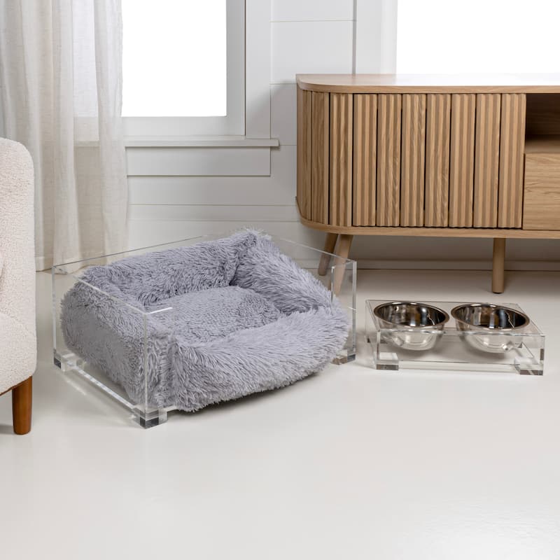 Billie 24"x15.75" Fluffy Pet Bed with Washable Cushion and 4" Elevated Pet Feeder with 27 oz 2-Stainless Steel Bowls, Set of 2