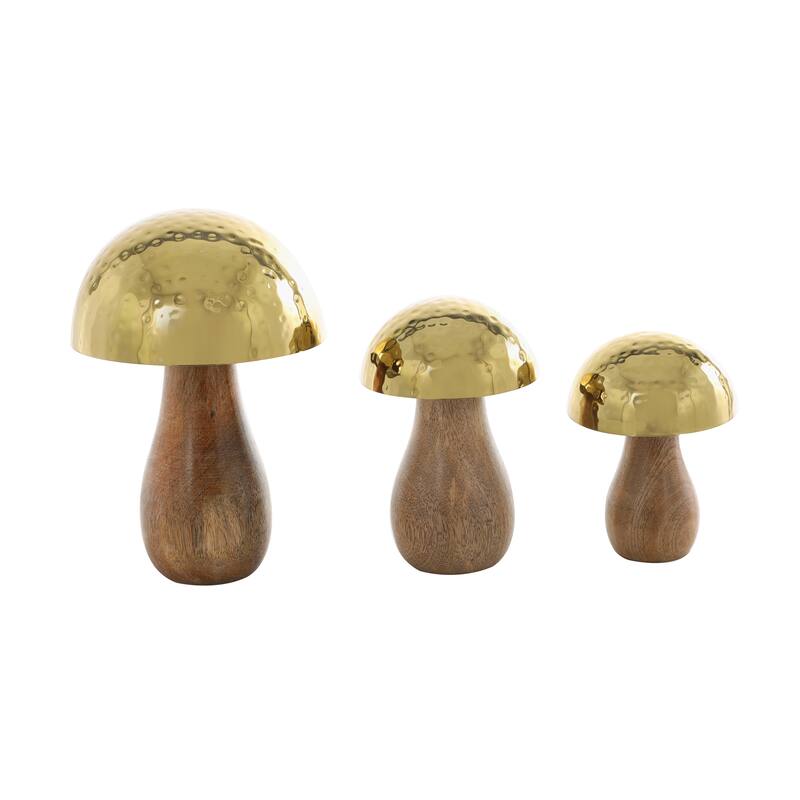Gold or Silver Stainless Steel Handmade Hammered Mushroom Sculpture with Brown Mango Wood Bases (Set of 3)