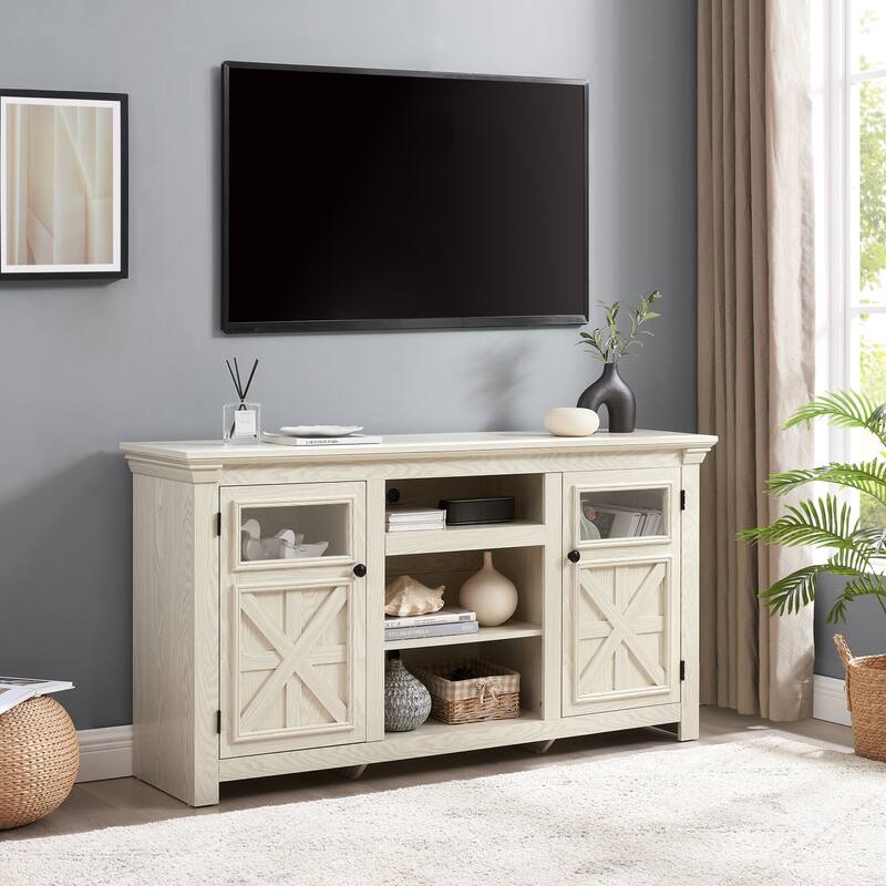 Farmhouse TV Stand, 2-Door Cabinet Media Stand with Barn Design and Open Shelving, for Living Room, White