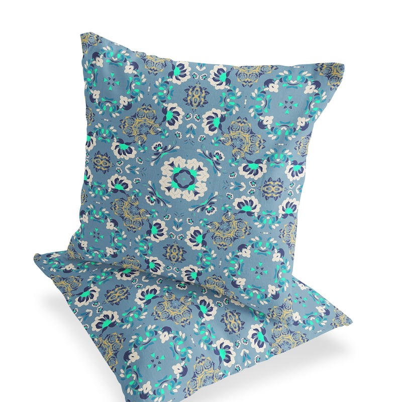 HomeRoots Set of Two 16" X 16" Blue and Green Blown Seam Floral Indoor Outdoor Throw Pillow - 16.00' X '16.00' X '5.00