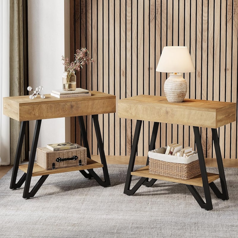 End Side Table for Living Room, Side Table with Storage Shelves, Small Bedside Nightstand