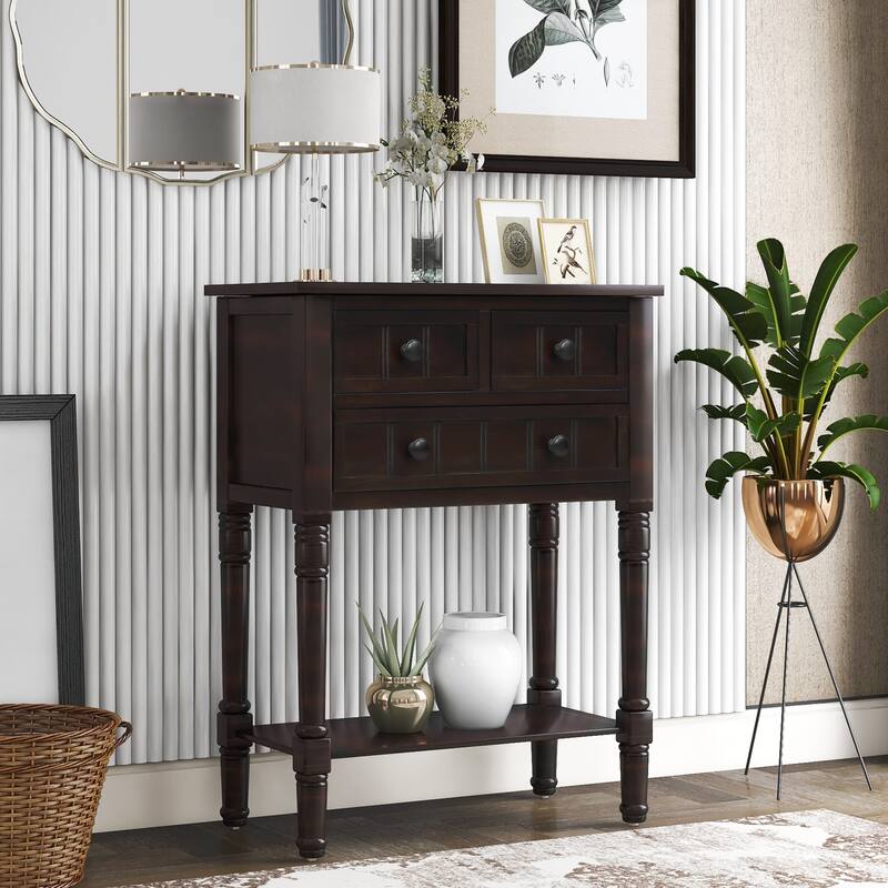 Narrow Console Table, Slim Sofa Table with Three Storage Drawers and Bottom Shelf